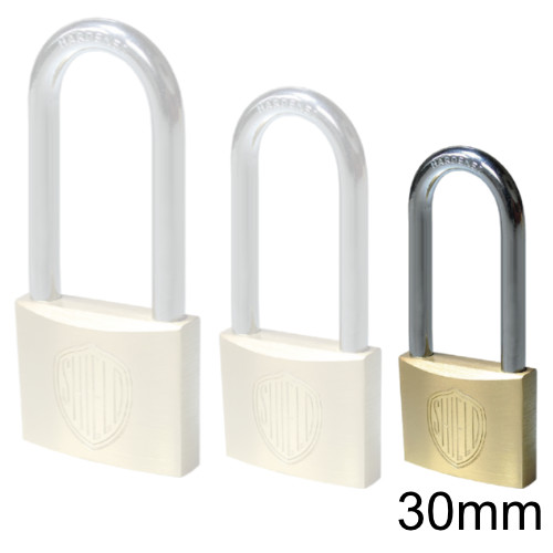 Shield long shackle brass padlock 30mm