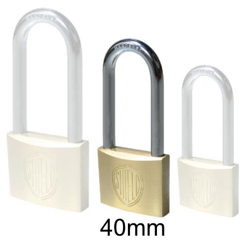 Shield long shackle brass padlock 40mm