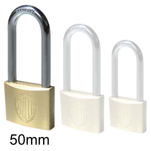Shield Long shackle brass padlock 50mm
