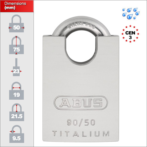 ABUS 90 Series Titalium Stainless Steel Re-Keyable Closed Shackle Padlock